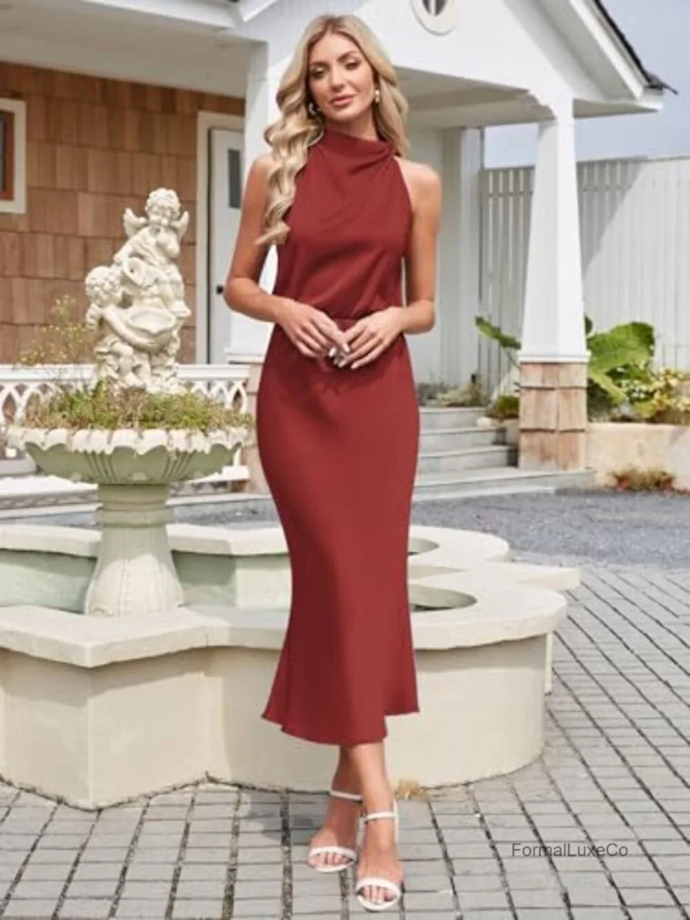 Satin Maxi Dress Sleeveless Mock Neck Ruched Cocktail Wedding Guest